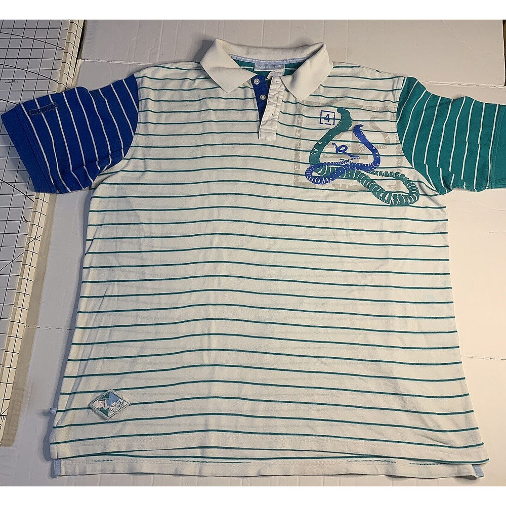 2XL Vtg Rocawear Striped Polo Shirt 90s Hip Hop White Teal & Blue Stripe Logo